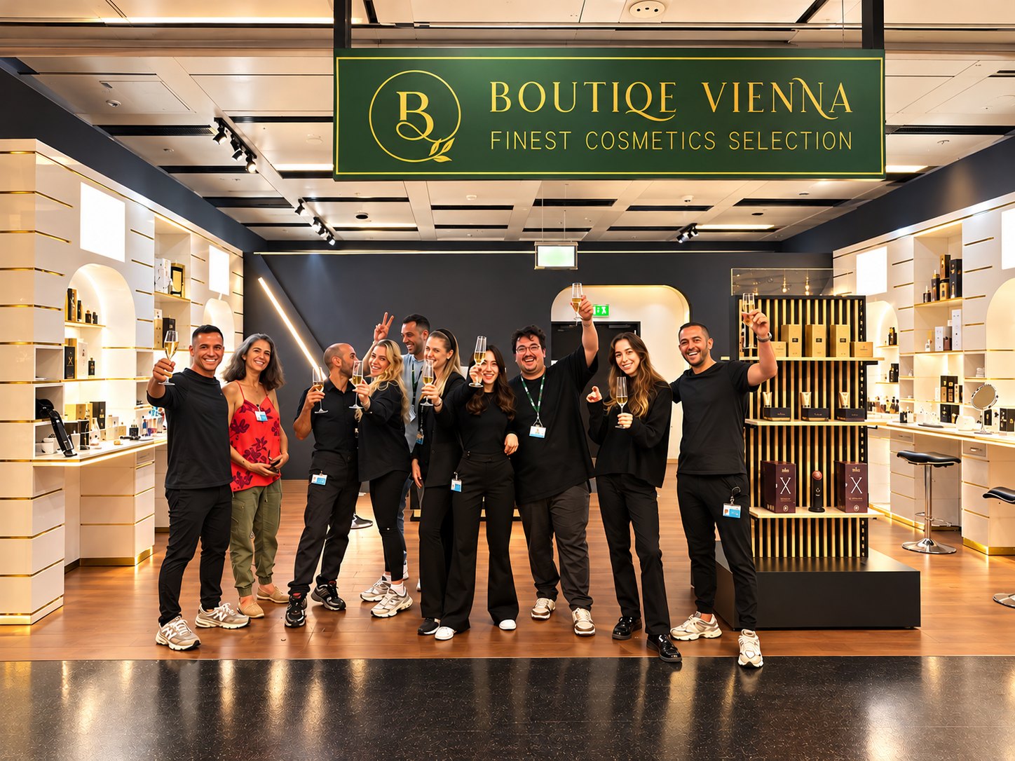 Boutique Vienna team celebrating together beneath the green and gold boutique sign